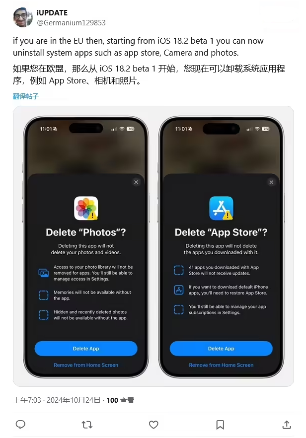 南召苹果手机维修分享iOS 18.2 支持删除 App Store 应用商店 