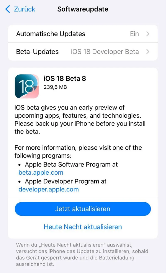 南召苹果手机维修分享苹果 iOS / iPadOS 18 开发者预览版 Beta 8 发布 